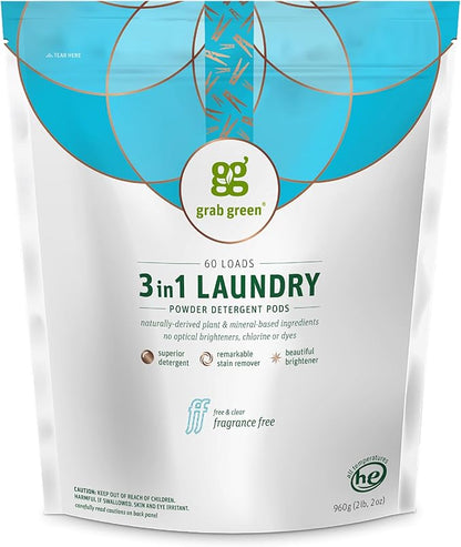 Grab Green 3-in-1 Laundry Detergent Pods, 60 Count, Fragrance Free, Plant and Mineral Based, Superior Cleaning Power, Stain Remover, Brightens Clothes