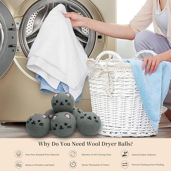 Dryer Balls Laundry Reusable - XL Wool Dryer Balls - Handmade Cute Cat Shape 6 Pack, Extra Large Dryer Balls, Shorten Drying Time, Organic Wool - Dry 1000+ Loads