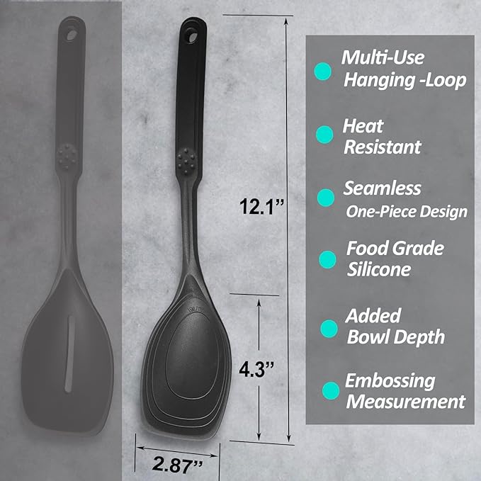 Large Silicone Cooking Spoon, Non-Stick Solid Spoon set with Deep Bolw and Measurement Mark for Mixing, Serving, Draining, Scooping, Scraping, Heat Resistant Kitchen Utensils, Black