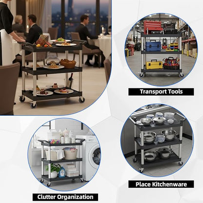 Plastic Utility Carts with Wheels, 3-Tier Rolling Service Cart, 300 lbs Heavy Duty Capacity with 4 inch Silent Casters(2 Lockable), for Home, Office, Restaurant, Warehouse.31.5"× 16" × 38"