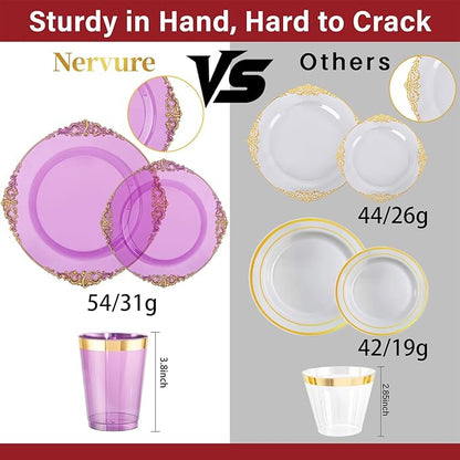 Nervure 350PCS Purple Plastic Plates - Purple Plastic Dinnerware Sets for 50 Guests - 100 Disposable Plates, 150 Gold Silverware, 50 Cups, 50 Napkins for Wedding & Party