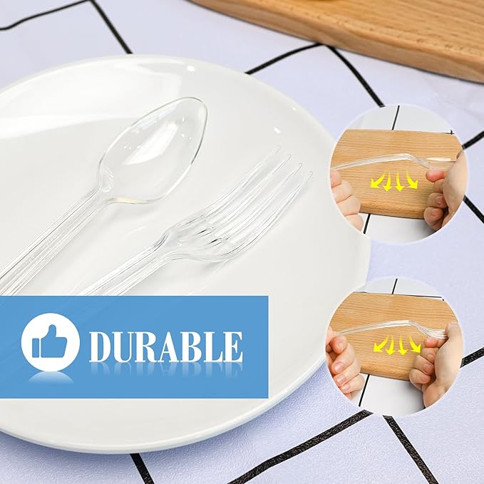 EcoDispose 100 Count Plastic Silverware, Heavy Duty Plastic 50 Forks & 50 Spoons Disposable Utensils Cutlery Set for Party Supplies