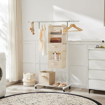MAX Houser 5 Tier Shelf Hanging Closet Organizer, Cloth Hanging Shelf with 2 Sturdy Hooks for Storage, Foldable (Beige-D2)