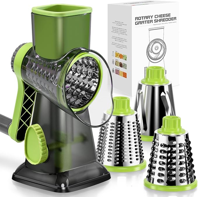 KEOUKE Rotary Cheese Grater Hand Crank Transparent - Shredder Slicer Grinder 3 Stainless Steel Blades, Stable Suction, Labor-Saving Handle, Safe Kitchen Tool for Cheese, Vegetable, Nuts, Chocolate