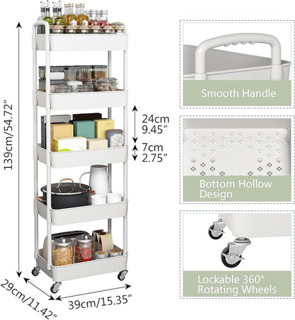 Sywhitta 5-Tier Plastic Rolling Utility Cart with Handle, Multi-Functional Storage Trolley for Office, Living Room, Kitchen, Movable Storage Organizer with Wheels, White
