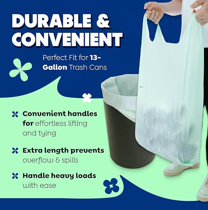 BPI 100% Home Compostable Kitchen Trash Bags, 13 Gallon 1.5 Mil Heavy Duty Unscented Plant Based Bags w/Handles, Tall Biodegradable Garbage, Compost & Food Scrap Waste Can Liners, 35 Ct