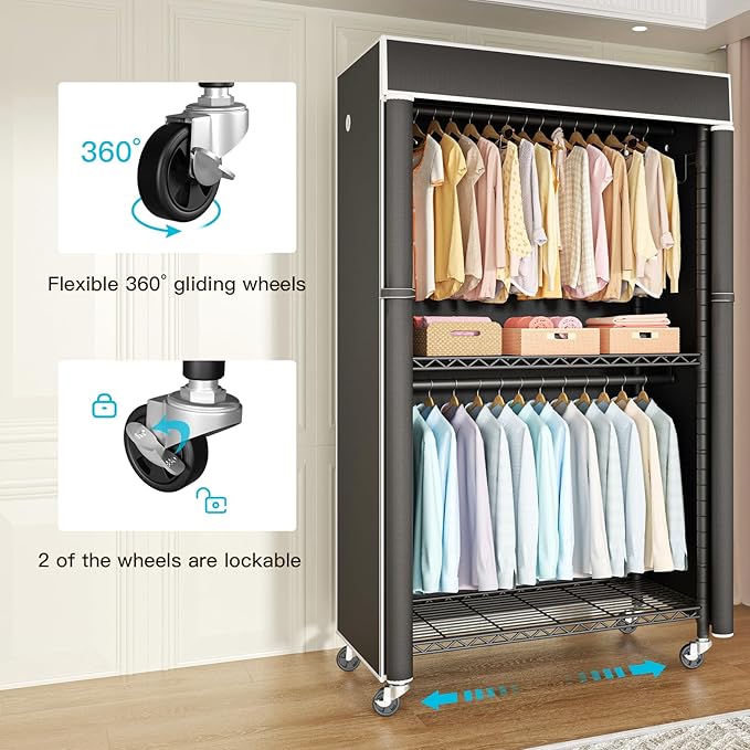 FUTASSI Clothing Rack with Cover, P1C Rolling Closets with Wheels, Metal Garment Rack for Hanging Clothes, Clothing Storage Wardrobe with Cover, 36.2" W x 16.5" D x 80.5" H, Black, Load 450 Pounds