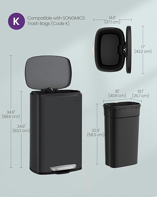 SONGMICS 13 Gallon (50 L) Trash Can, Stainless Steel Kitchen Garbage Can, Recycling or Waste Bin, Soft Close, Step-On Pedal, Removable Inner Bucket, Black ULTB050B01