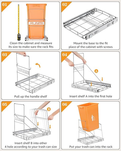 Pull Out Trash Can Under Cabinet，Heavy Duty Slide-Out Cabinet Kit, Adjustable Cabinet Trash Can Organizer, Under Sink Trash Can Shelf for Kitchen (Not Include Can)
