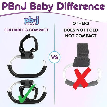 Stroller Hooks for Hanging Diaper Bags - Mommy Stroller Clip and Stroller Accessories Organizer Hook - Large Carabiner Clips for Mom Purse Shopping Grocery Bag and Accessory - (2 Pack) (Foldable)