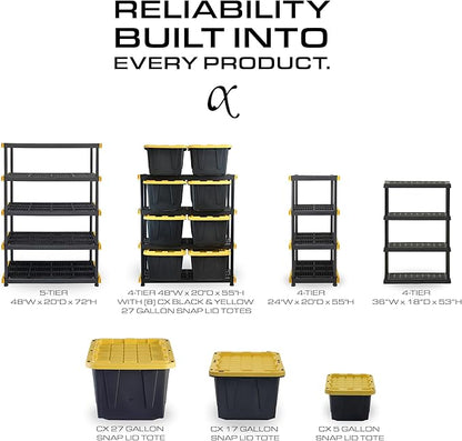 BLACK & YELLOW, 4-Tier Heavy Duty Plastic Storage Shelving Unit, 200lbs/shelf (55"H x 48"W x 20"D), for Indoor/Outdoor Organization, Modular Rack