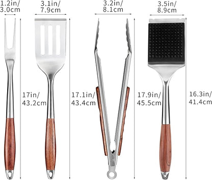 FJNATINH Heavy-Duty Grilling Accessories Rose Wooden BBQ Grilling Tools Set,Outdoor Grill Set with Spatula, Fork, Brush & Tongs,Essential Accessories for Barbecue & Grill. Ideal Gift for Men