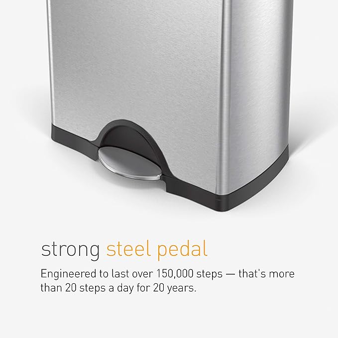 simplehuman Rectangular Dual Compartment Recycling Kitchen Step Trash Can, 46 Liter, Brushed Stainless Steel