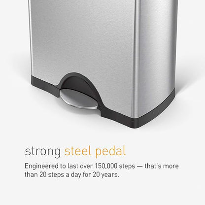 simplehuman Rectangular Dual Compartment Recycling Kitchen Step Trash Can, 46 Liter, Brushed Stainless Steel