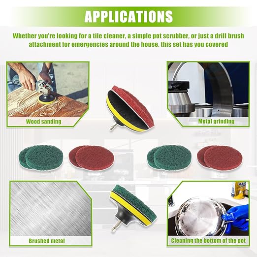 4 Inch Scrub Drill Brush Power Scouring Pads Household Cleaning Set for Kitchen Bathroom 4 Red Pads 4 Green Pads 1 Drill Attachment and 1 Universal Shaft