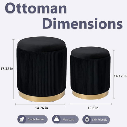 Royal Windsor Round Ottoman with Storage Set of 2, Vanity Stool with Storage for Bedroom, Ottoman Coffee Table Gold-Tone Ring Around The Base, Small Velvet Foot Stool for Living Room, Black