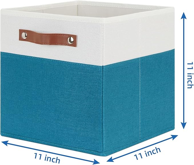 Temary Storage Cube Bins 11 Cube Storage Bins Storage Baskets for Closet, Shelves 4 Pack Fabric Organizer Bins with Leather Handles(White&Teal)
