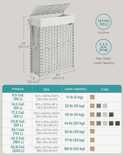 SONGMICS Slim Laundry Hamper with Lid, 14.5 Gallon (55L) Rattan Clothes Laundry Basket with Lid and Handles, Foldable, Removable Liner, Cloud White ULCB164W01