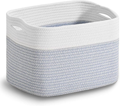 Woven Cotton Rope Storage Basket for Organizing, Cute Decorative Baskets for Gifts Empty, Organizer Bins for Dog Toy, Baby Laundry, 15“×11”×9.5“, Off White & Blue