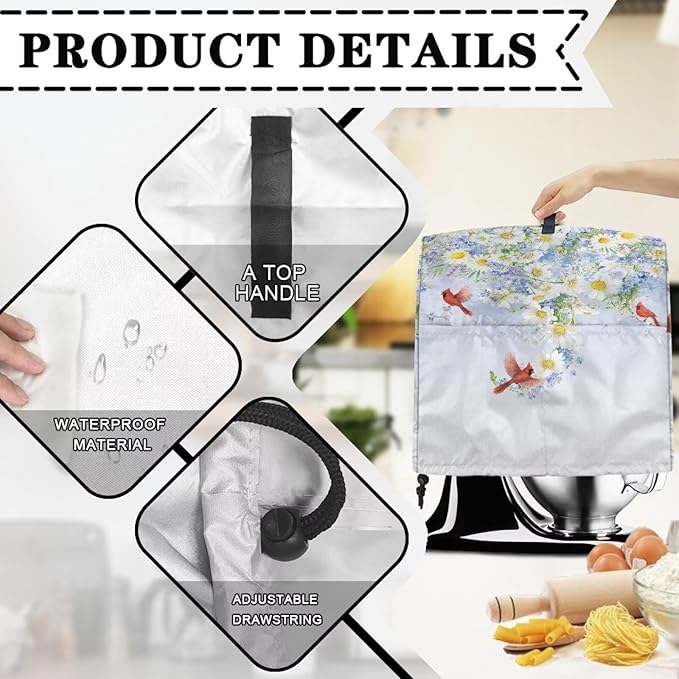 Cardinal Bird with Flower Mixer Dust Covers 6-8 Quart Stand Mixer Covers Protector Accessories Kitchen Decoration