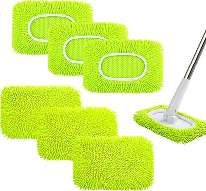 6PCS Reusable Mop Pads Fit for Flat Mops, Chenille Mop Refill Pads Washable Mop Covers, Household Replacement Mop Pads Wet & Dry Sweeping Cloths Mopping Pad Refills for Hardwood Floor Cleaning (Green)