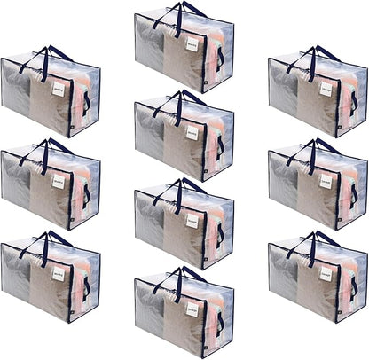 VENO 10 Pack Moving and Storage Bags, Heavy Duty, Alternative to Moving Boxes, Large Packing Totes Supplies for College Dorm Room with Zipper for Clothes, Wide Open Design (Clear, 10 Pack)
