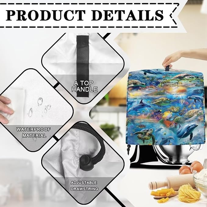Ocean Dolphin Turtle Print Mixer Cover Stand Mixer Dust Proof Covers with Handle and Front Pockets Kitchen Aid Mixer Cover for 6-8 Qt Mixer,Kitchen Coffee Maker Toaster Machine Dust Cover