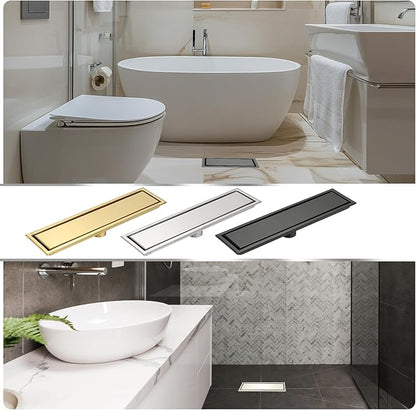 uxcell Rectangular Shower Drain, Brushed 304 Stainless Steel Odor-Proof Floor Drain Linear Shower Drain Hair Catcher for Bathroom Kitchen and Laundry Room(16 Inch, Bright Silver)