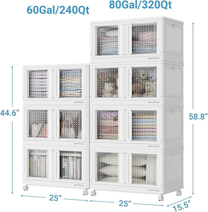 BROVIEW 140Gal Stackable Storage Bins with Lids & Wheels, 560Qt Plastic Collapsible Closet Organizer and Storage Drawers, Storage Boxes Cabinets for Home, Office, 7 Pack, White
