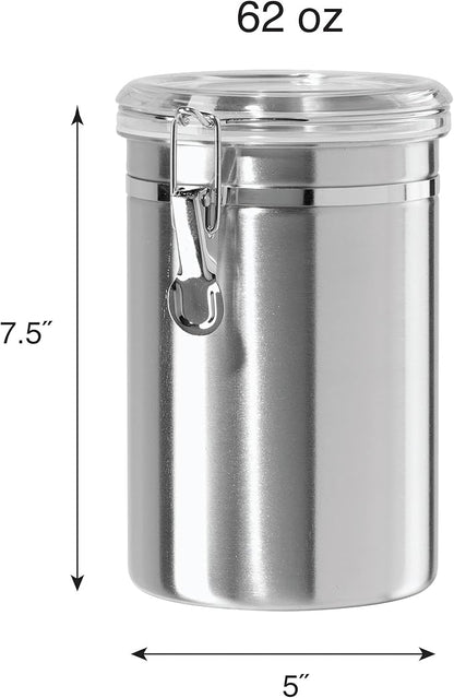 Oggi Stainless Steel Kitchen Canister 62 fl oz - Airtight Clamp Lid, Clear See-Thru Top - Ideal for Kitchen Storage, Food Storage, Pantry Storage. Large Size 5" x 7.5".