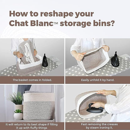 CHAT BLANC Cotton Rope Baskets for Organizing | Storage Baskets for Shelves | Rope Basket for Storage, Small Laundry Baskets, Woven Baskets for Storage, Dog Toy Bin, Baby Basket, Brown 3 Pack
