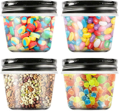 Novelinks 4 oz Clear Plastic Jars with Black Lids – Small Round Reusable Containers for Food, Spices, Crafts, Travel – BPA-Free Storage Jars for Kitchen & Household Organization, 20 Pack