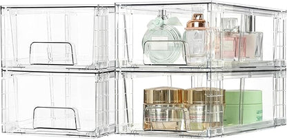 Vtopmart 2 Pack Stackable Storage Drawers,Clear Acrylic Drawer Organizers with Handles, Easily Assemble Containers for Fridge, Bathroom,Kitchen Undersink,Cabinet,Pantry Organization and Storage