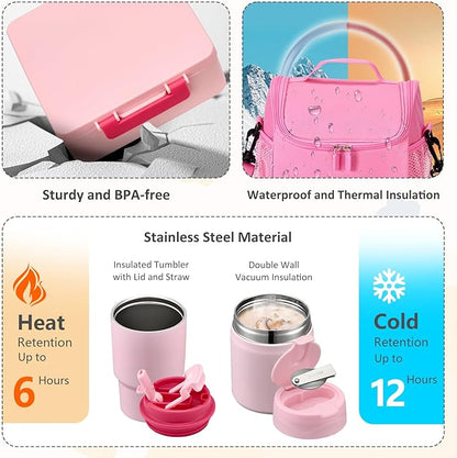 Lunch Box Set with Bento Box Container, 17OZ Stainless Steel Food Soup Thermo, Kids Water Bottle & Portable Insulated Lunch Bag – Leakproof, Hot/Cold Retention for School, Travel(Pink)