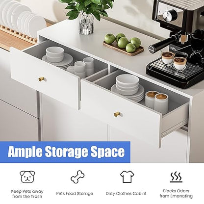 Double Tilt Out Trash Can Cabinet with 2 Drawers, Trash Storage Cabinet, Hidden Garbage Bin, Free Standing Laundry Sorter Organizer for Kitchen Dining Living Room, Bathroom, White