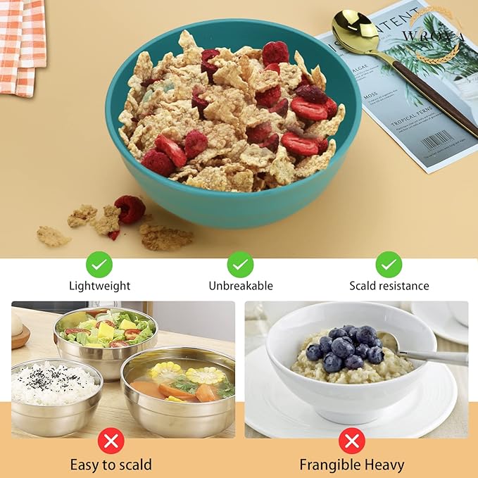 Wheat Straw Bowls Set 60 OZ Unbreakable Large Cereal Bowls Set of 6 Microwave and Dishwasher Safe Bowls Big Bowls for Dorm and Apartment BPA Free Soup Bowl for Serving Oatmeal and Salad (Green)