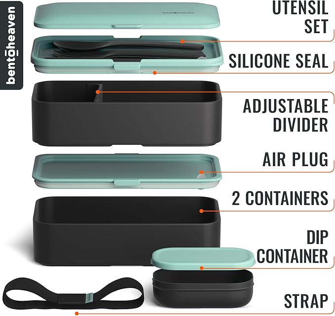 Bentoheaven Premium Bento Box Adult Lunch Box with Compartments for Women & Men, Set of Utensil & Chopsticks & Dip Container, Cute Japanese Kids Bento Lunch Box, Microwavable (Billie Green)