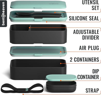 Bentoheaven Premium Bento Box Adult Lunch Box with Compartments for Women & Men, Set of Utensil & Chopsticks & Dip Container, Cute Japanese Kids Bento Lunch Box, Microwavable (Billie Green)
