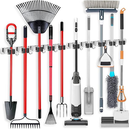 IMILLET 2 Pack Wall Mount Broom Holder Stainless Steel 5 Racks with 4 Hooks Broom Organizer Self Adhesive Heavy Duty Laundry Room, Garage Organization Storage
