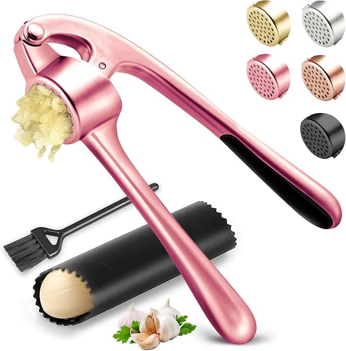 Kitchen Garlic Press, Rust Proof & Dishwasher Safe Garlic Mincer, Durable Garlic Crusher Set with Peeler＆Brush, Easy to Clean and Squeeze, Rose