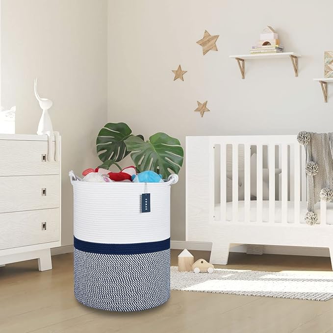 COMSE Extra Large Blanket Basket, Tall Woven Storage Basket, Nursery Hamper, 15.7”x 21.7”, Cotton Rope Laundry Hamper for Toys Clothes Towels, Blend White/Navy Blue