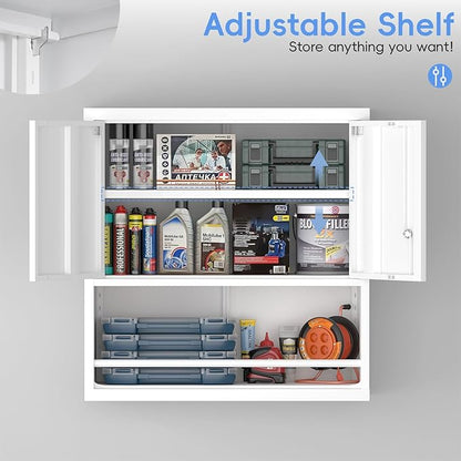 Metal Wall Storage Cabinet, Steel Storage Cabinets with Locking Doors and Shelves, Hanging Cabinet with Guard Bar, Ideal for Kitchen, Laundry, Home Office