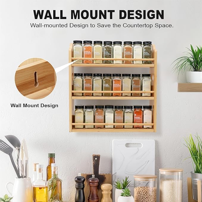 3 Tier Bamboo Spice Rack, Spice Rack Organizer, Seasoning Jars Rack Shelf Spice Organizer for Kitchen Counter or Wall Mounting, Bamboo Spice Storage Holder with handles Easy to Move