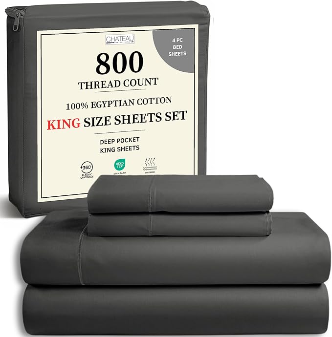 100% Cotton Sheets King Size Sheets Set with Fitted Sheet & Pillowcase Sets, 800 Thread Count Sateen Weave 4 piece Deep Pocket King Sheet Set, Soft & Comfy Naturally Cool Luxury Bedding- Charcoal