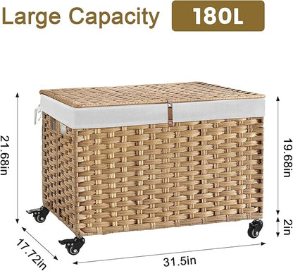 Rolling Storage Basket with Lid, 47.6 Gallon (180L) Storage Bin with Wheels, Woven Rattan Blanket Storage Basket with Handles, Foldable, Metal Frame, Removable Liner for Bedroom, Laundry Room, Natural
