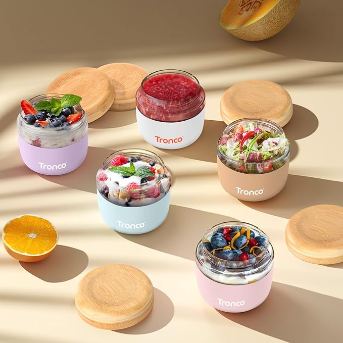 Tronco 24 oz Glass Container with Bamboo Lids, Food Storage Bowls for Soup, Stew & Overnight Oats, 100% Leak & Spill Proof, Airtight, Microwave & Dishwasher Safe, BPA-Free