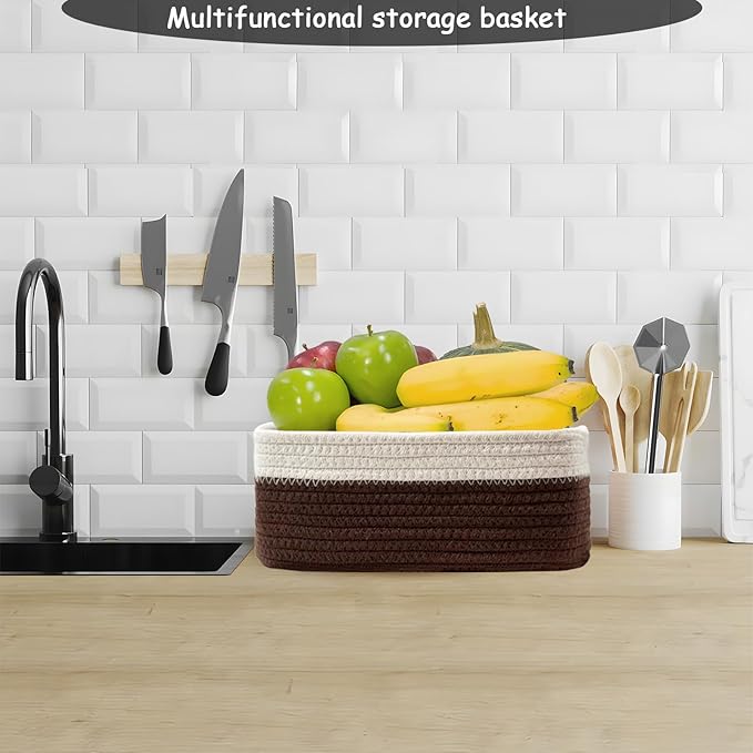 COMFY-HOMI 13" x 8.5" x 5.1"Storage Baskets for Organizing | Cotton Rope Woven Basket | Toy Storage Bin Box | Basket for Shelves, Closet Organizer Bin, Decorative Closet Shelf, 3 Pack,WHT/dark brown