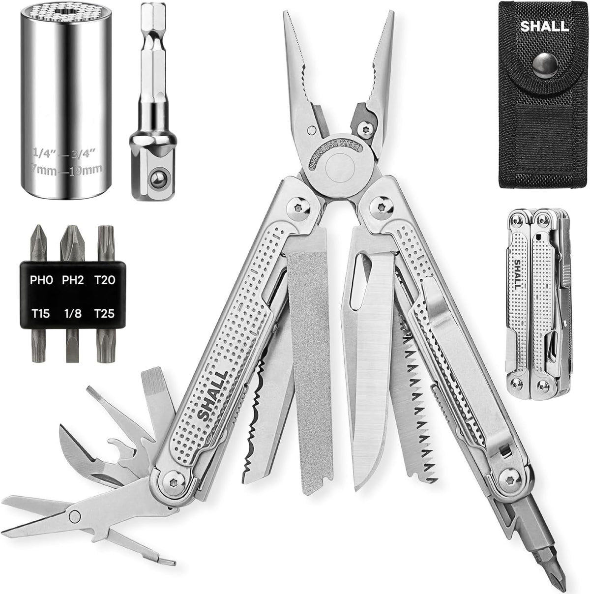 SHALL Multi Tool, 18-in-1 Multitool Pliers, Stainless Steel Multi-tool Pocket Knife w/Screwdriver Bit & Universal Socket, Self-locking Multipurpose Tool w/Sheath for Camping Fishing Survival Hunting