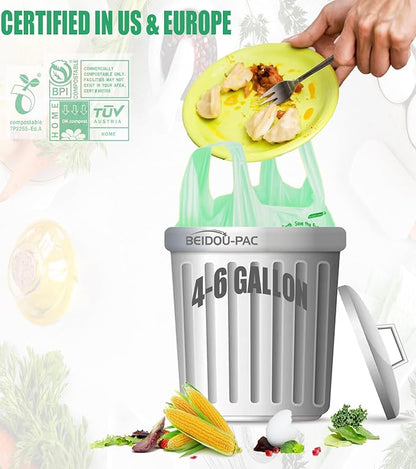 4-6 Gallon Compostable Trash Bags, 75 Count, Kitchen Compost Bags With Handle, Sturdy Biodegradable Garbage for Food Scrap Waste, ASTM D6400, US BPI Certified