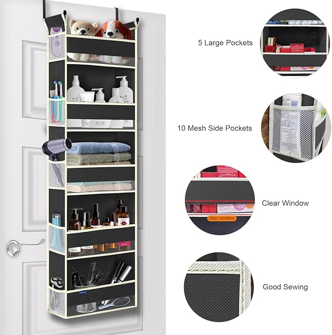 2 Pack Over The Door Hanging Organizer 5-Shelves and 10 Side Pockets, Over The Door Storage for Bathroom and Bedroom, Back of Door Organizers for Kid's Toys (13"x5"x44", Black)